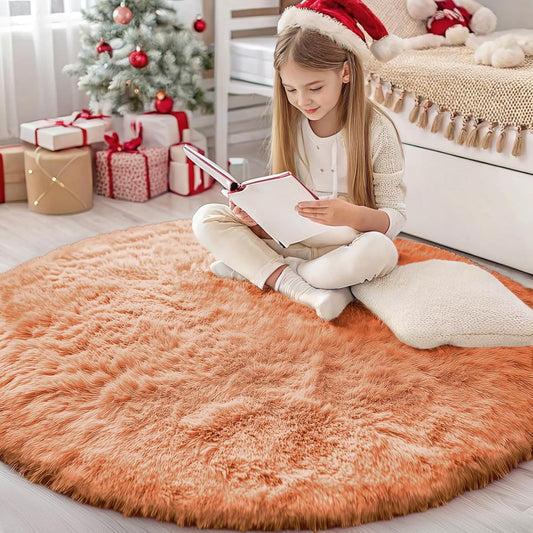 OLANLY Round Area Rug - Soft and Fluffy Muted Orange Shaggy Carpet, 4 ft Circle for Bedroom & Living Room Decor