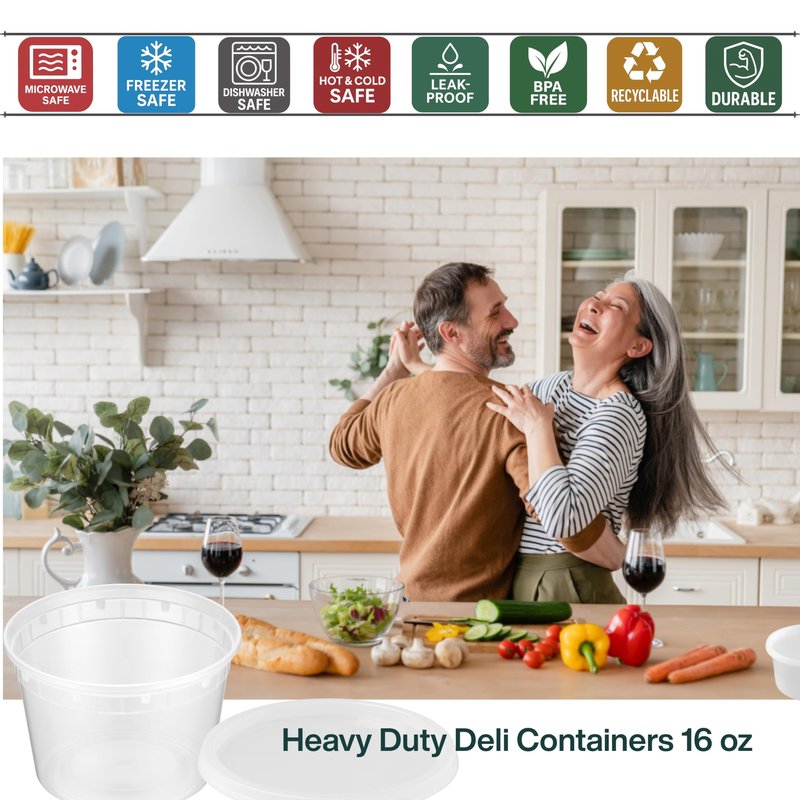 ProTakeOut 16oz [20 set] Heavy Duty Plastic Deli Container | BPA-Free Food Storage with Airtight Leak‑Proof Lids | Microwave, Freezer & Dishwasher Safe – Stackable, Bulk Reusable Soup & Meal Prep Tub