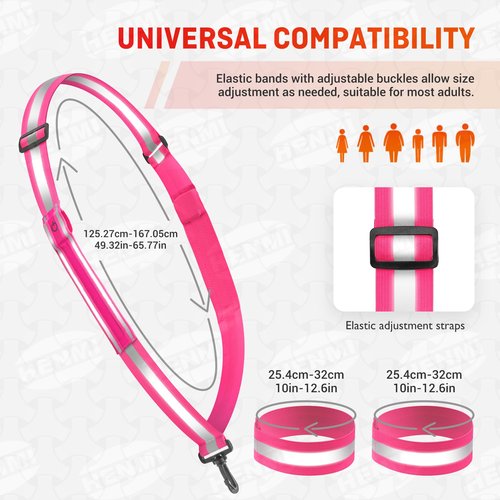 HENMI LED Reflective Belt Sash with Two Arm Reflective Tapes,3 Light Modes Adjustable Length Rechargeable Reflective Running Gear for Men Women Running Cycling Walking and Dog Walking(Pink)