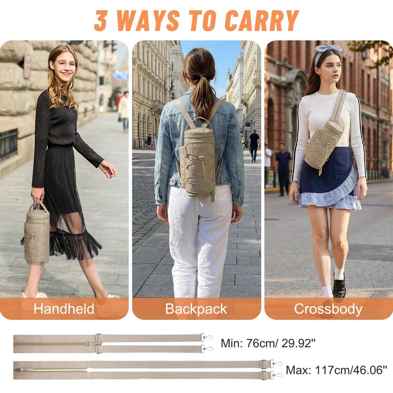 Nuovoware Small Sling Backpack, Sling Bag 25oz/32oz/40oz/50oz Water Bottle Carrier with Zippered Cap, 2 Pockets, Adjustable Shoulder Strap Carrier for Walking Traveling, Camel