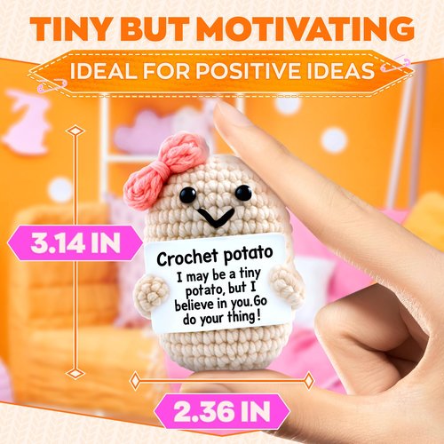 Crochet Potato Desk Figurine Ribbon & Motivational Card - 3.14x2.36" Handmade Mini Plush Decor Gift for Women, Coworker, Teacher, Friend | Office Shelf Accent - Great as Graduation Gift for Daughter