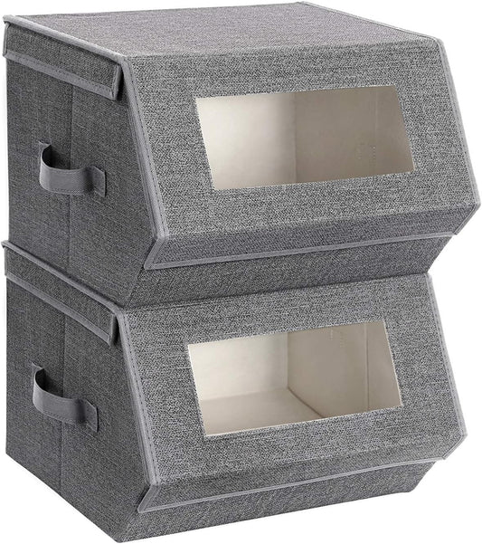 SONGMICS Stackable Storage Bins - Set of 2 Non-Woven Fabric Organizers with Lids & Windows | Dark Gray