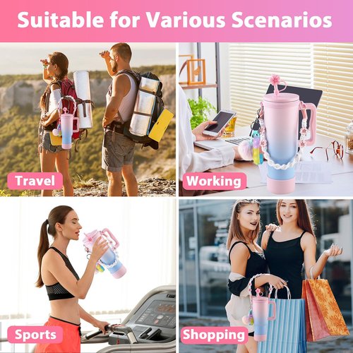 6-Pieces Stanley Cup Accessories Set, Water Bottle Handle Strap,Siliocne Stanley Cup Boot,Siliocne Straw Cover, Silicon Pressure reducing Accessories for Stanley Cup 40 30 oz Tumbler (Pink)
