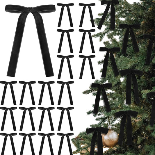 Skiennix 24 Pcs Velvet Bows - Vintage Ribbon Craft Bows for Christmas Tree Decor | Black, 5 x 7 Inch