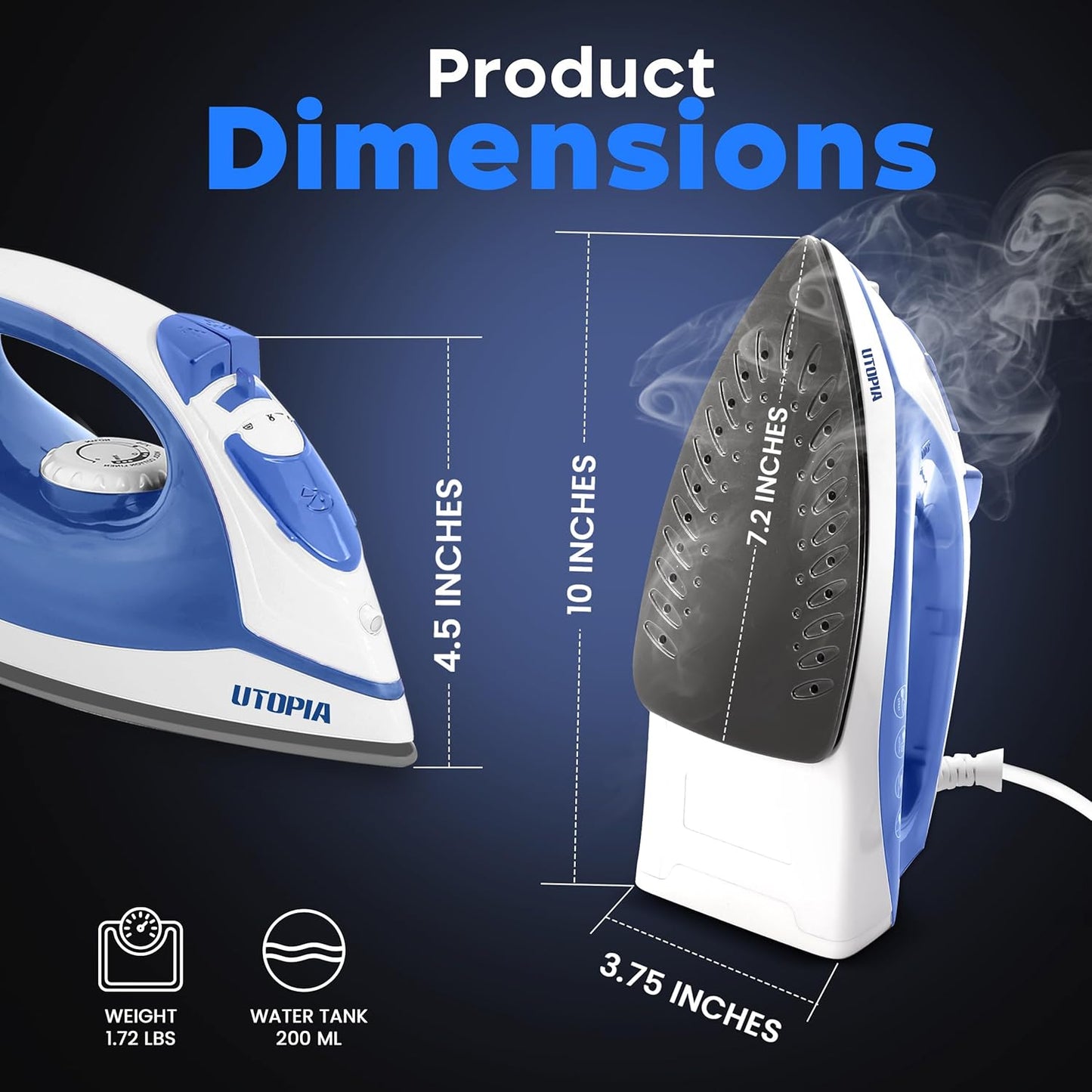 Utopia Home Steam Iron - 1200W Non-Stick Soleplate Clothes Iron | 2.3m Cord, Adjustable Thermostat, Safety Features