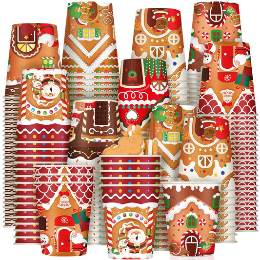 Zhehao 200 Pcs Christmas 9 oz Paper Cups Disposable Coffee Cups Santa Snowman Elk Disposable Hot Cups Xmas Party Drinkware Supplies for Holiday Tea Beverage Cocoa Cold Hot Drink (Gingerbread Style)