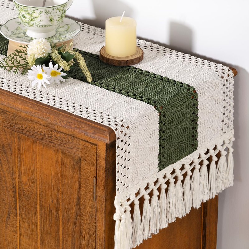 Socomi Boho Table Runner Summer Farmhouse Rustic Dining Kitchen Centerpiece Decor Small Macrame Woven Cotton Linen Coffee Table Runner for Dresser Scarf Home Decor 12x60 inch Olive Green
