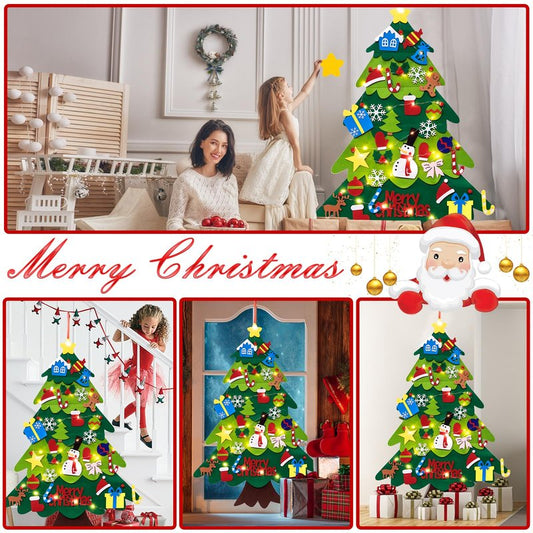 TonJin Felt Christmas Tree Set for Toddlers Kids with 3m/9.8ft Led String Light, 3.2ft/98cm Wall Hanging DIY Christmas Tree with 32 Detachable Ornaments for Xmas Home Decoration