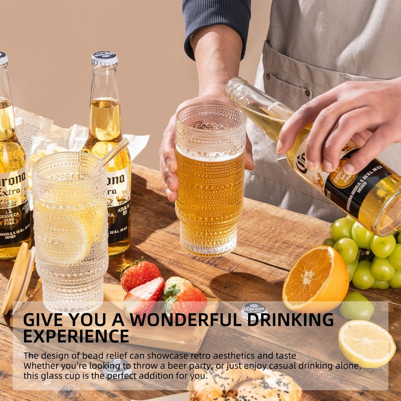 MRZIKPO Drinking Glasses with Bamboo Lids and Glass Straw 4pcs Set,16oz Glass Tumbler Cups,Water Glasses,Iced Coffee Glasses,iced Tea Glasses,Beer Glasses,Ideal for Whiskey,2 Brushes