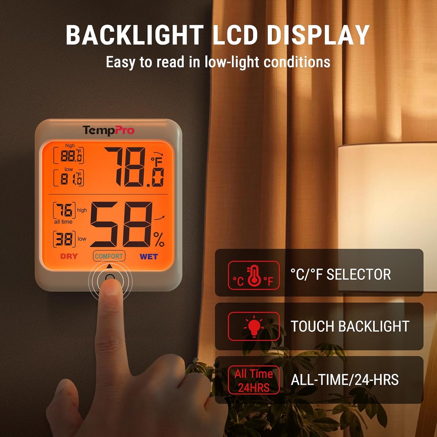TempPro TP53 Digital Hygrometer - Indoor Thermometer with Comfort Indicator & Backlit Display | Max Min Records