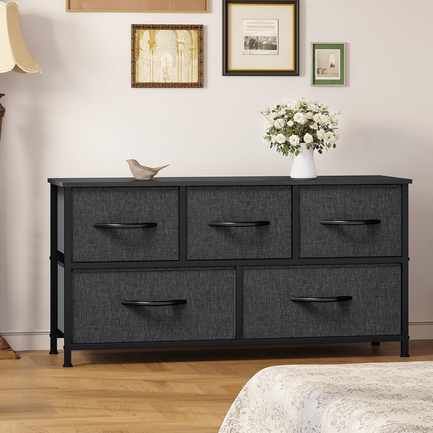 YITAHOME Wide Chest of Drawers, Dresser with 5 Drawers, Oak Greige Fabric Storage Tower, Dresser for Room with 5 Drawers, Living Room, Closets - Sturdy Steel Frame, Wooden Top