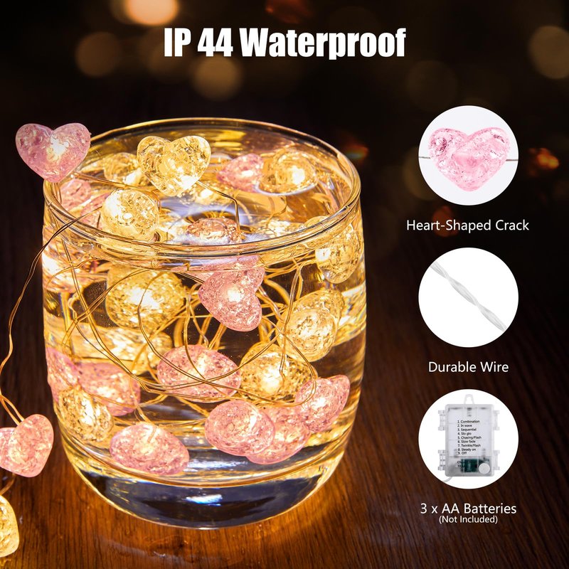 Valentine's Day Heart String Lights - 10.5 ft 30 LED Battery Operated Fairy String Lights withTimer and for Romantic Proposal Indoor DIY Bedroom Wedding Decor Gift (Pink White)