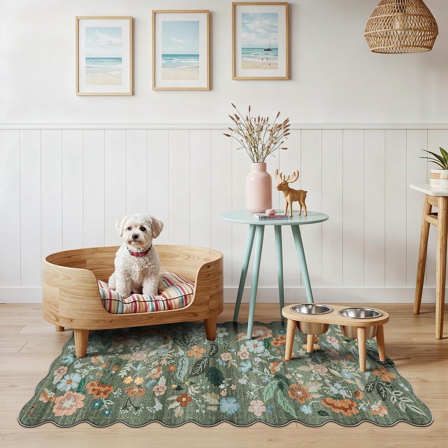 Skiennix Washable Kitchen Area Rug - Floral Scalloped Non-Slip Runner for Hallway & Bathroom | 2x5 ft, Green