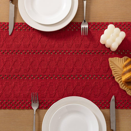 Socomi Boho Table Runner Easter Spring Farmhouse Rustic Dining Kitchen Centerpiece Decor Small Macrame Woven Cotton Linen Coffee Table Runner for Dresser Scarf Home Decor 12x60 in Red