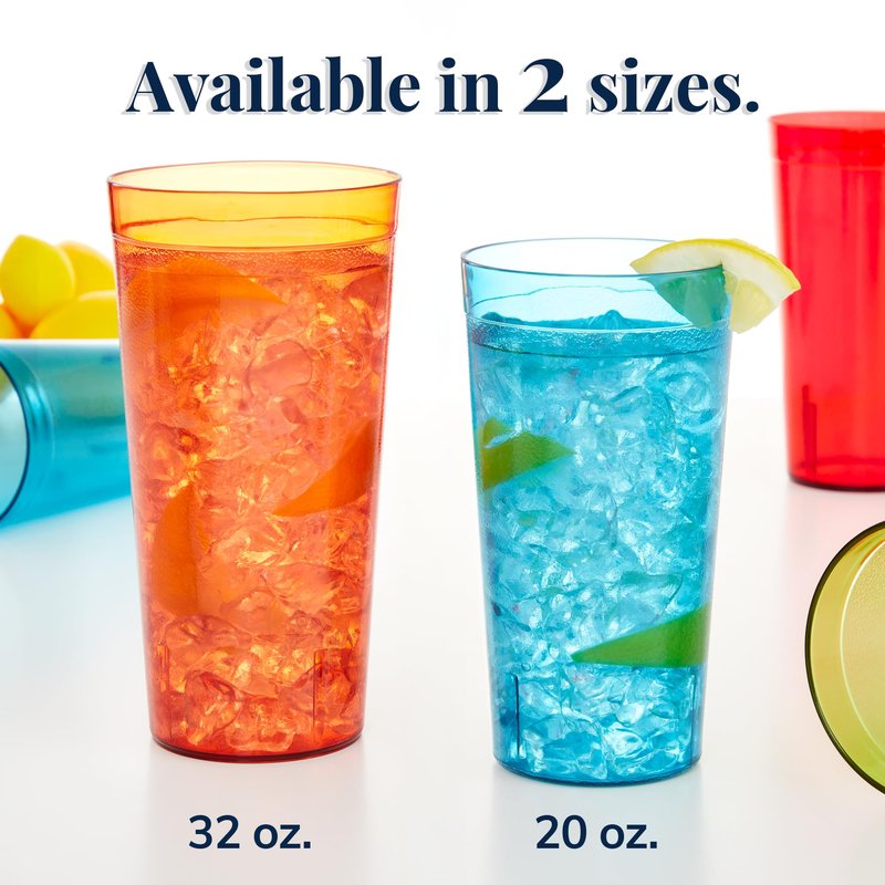 US Acrylic Cafe Plastic Reusable Tumblers (Set of 16) 20-ounce Water Cups Assorted Colors | Restaurant Style Drinking Glasses Value Set, Stackable, BPA-free, Made in the USA | Top-rack Dishwasher Safe