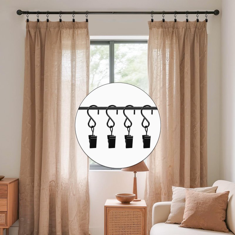 HOOSUN 46 Pack Curtain Hooks Clips,S Hooks for Hanging Outside String Lights,Metal Curtain Rod Hooks,Small Light Clips,Art Craft Display,Backdrop Clip,Stainless Steel S Curtain Hook Hanger for Drapes