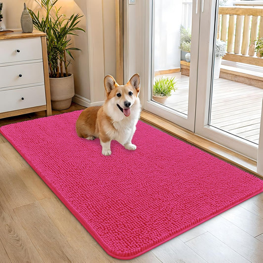 OLANLY Dog Door Mat - Absorbent Non-Slip Mud Mat for Dogs | Quick Dry Chenille, 45x27, Hot Pink