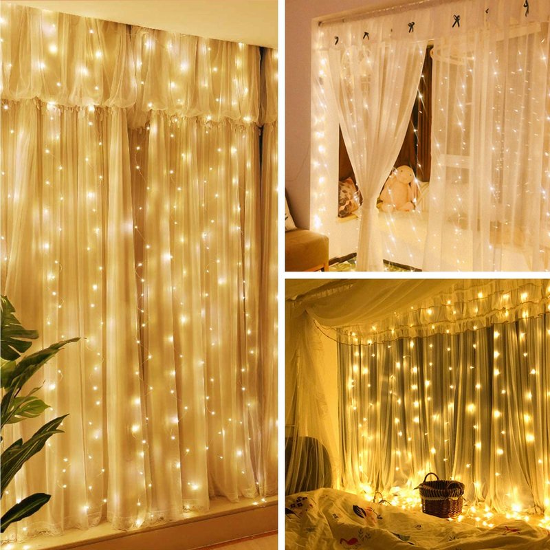 Hatstart 300 LED Twinkle Fairy Curtain Lights with Remote - 8 Lighting Modes, Hanging Warm String Light with USB Powered for Bedroom Wall, Wedding Backdrop and Christmas Party Window Decor