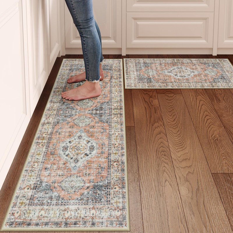 LEEVAN Kitchen Rug Set of 2, Washable Non Slip Kitchen Mat, Vintage Orange Runner Rug, Soft Standing Mat, 20''x31'+20''x47''