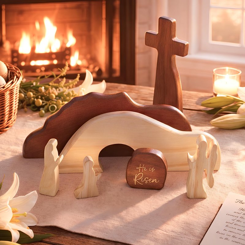 RUSATEN He is Risen Easter Decor – Wooden Resurrection Scene with Empty Tomb, Cross & Figurines, Christian Religious Tabletop Decoration for Home, Faith Easter Gift, Easter Basket Stuffer