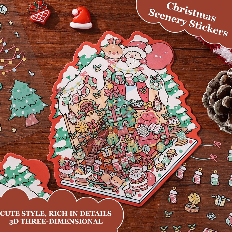 SZXYCZL Cute Miniature Scene 8Sets DIY 3D Stickers Scene Christmas House, Make You Own Mini House Sticker Therapy for Teen Adult Relief Pass The Time-Merry Christmas