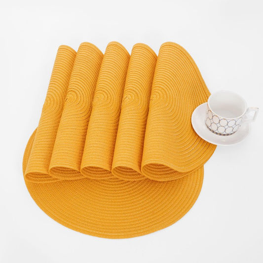 SHACOS 15 inch Round Braided Placemats Set of 6 Non Slip Washable Kitchen Table Place Mats Cotton Polyester Heat Resistant Table Mats for Home Wedding Dinner Party Table Decor, Mustard Yellow