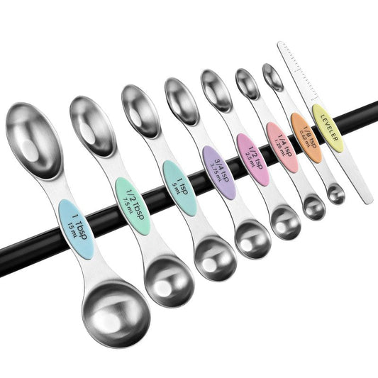Spring Chef Stainless Steel Magnetic Measuring Spoons Set of 8 with Leveler, Metal Teaspoon & Tablespoon Measuring Spoons for Dry and Liquid Ingredients, Kitchen Gadgets for Baking & Cooking - Pastel