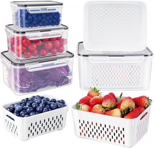 Freshmage Fruit Storage Containers - Airtight Produce Saver with Removable Colander | 4-Piece Set, Small Clear