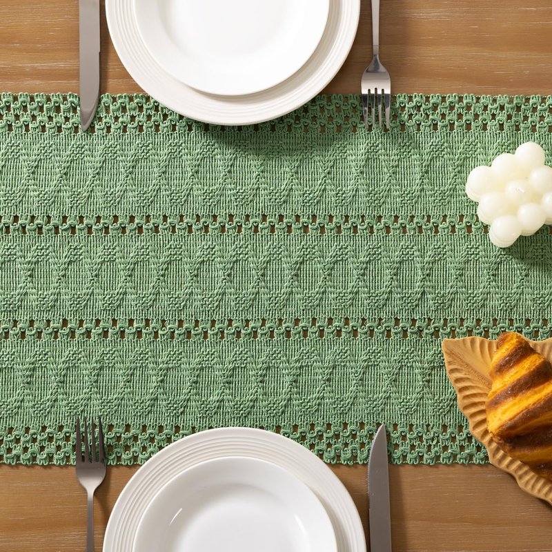 Socomi Boho Table Runner Summer Farmhouse Rustic Dining Kitchen Centerpiece Decor Small Macrame Woven Cotton Linen Coffee Table Runner for Dresser Scarf Home Decor Sage Green 12x48 inch
