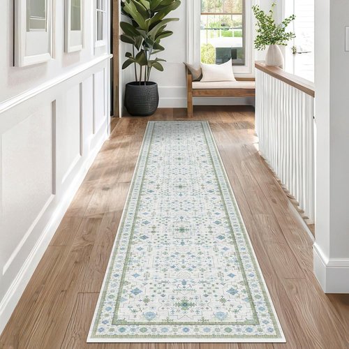 Hazo Haus Oushak 3x12 Wide Hallway Runner Rug - Vintage Turkish Floral Design, Washable Non-Slip | Light Blue & Green