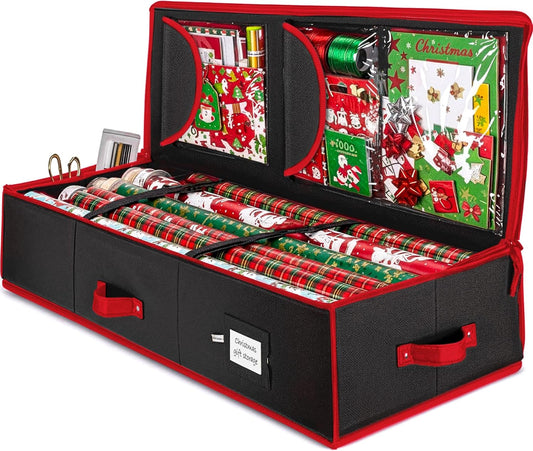 ZOBER Gift Wrapping Paper Organizer - 40" Storage for 24 Rolls with Pockets for Bows & Tags | Black/Red 600D Oxford