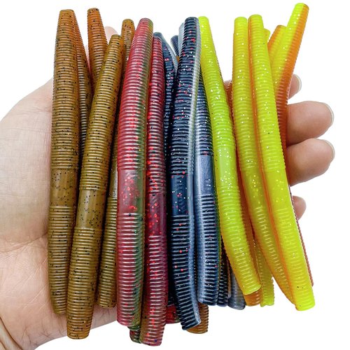 Bnqoe 30Pcs 4'' Wacky Worms Soft Fishing Lures Worm Soft Plastic Bass Baits Mixed Kit Plastic Worm Stick Baits for Freshwater Saltwater