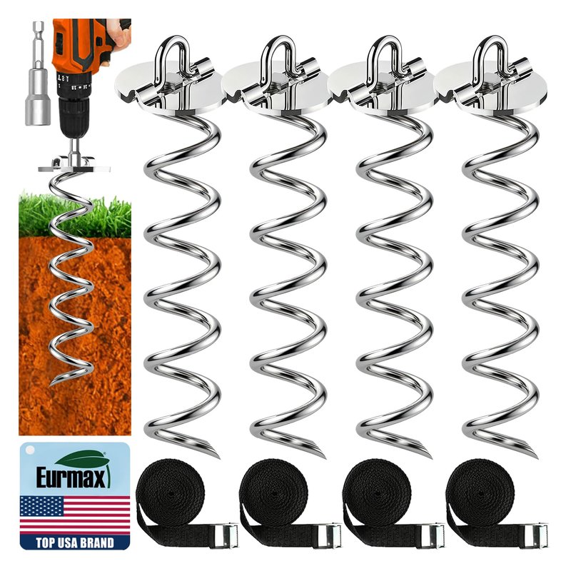 Eurmax USA 4-Pc Pack Spiral Stakes Heavy Duty Anchor Kit Ice Screw Anchor for Trampoline, Tents, tarps, Canopies,car Ports,Dog tie Out and etc Bonus Tie Down Straps 4-Pc Pack (Silver)