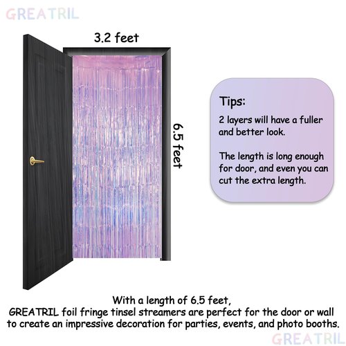 GREATRIL Iridescent Purple Tinsel Foil Fringe Curtain Streamers Backdrop for Birthday/Mermaid/Fairy/Wedding Party Decorations 3.2 x 6.5 ft, 2 Packs