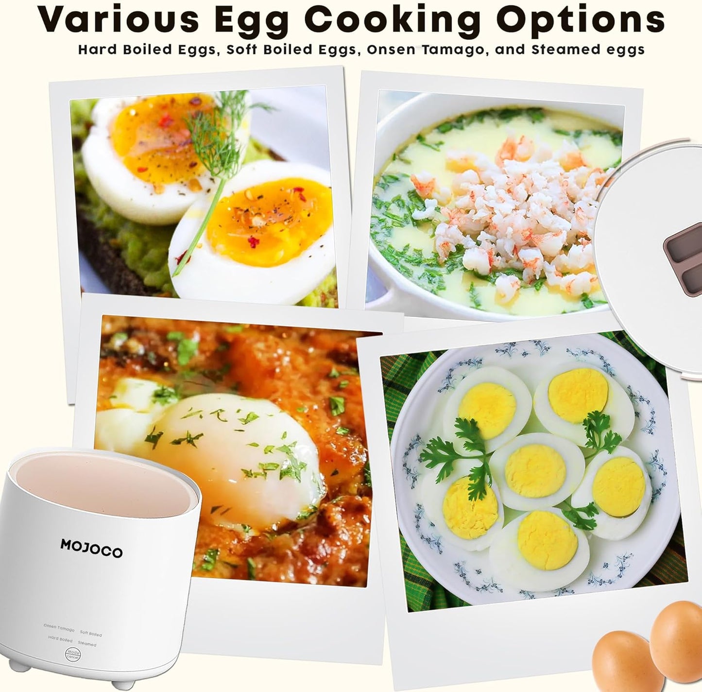 Mojoco Rapid Egg Cooker - Electric Mini Egg Boiler for Steamed, Hard & Soft Boiled Eggs | Smart Kitchen Appliance with Auto Shut Off