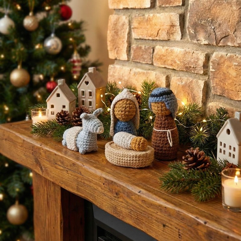 OASSIE Christmas Decorations Nativity Set Indoor, Christian Gifts for Women Men - Handmade Nativity Scene Crochet with Mary, Joseph, Donkey - Farmhouse Home Decor, Birthday Catholic Religious Gifts