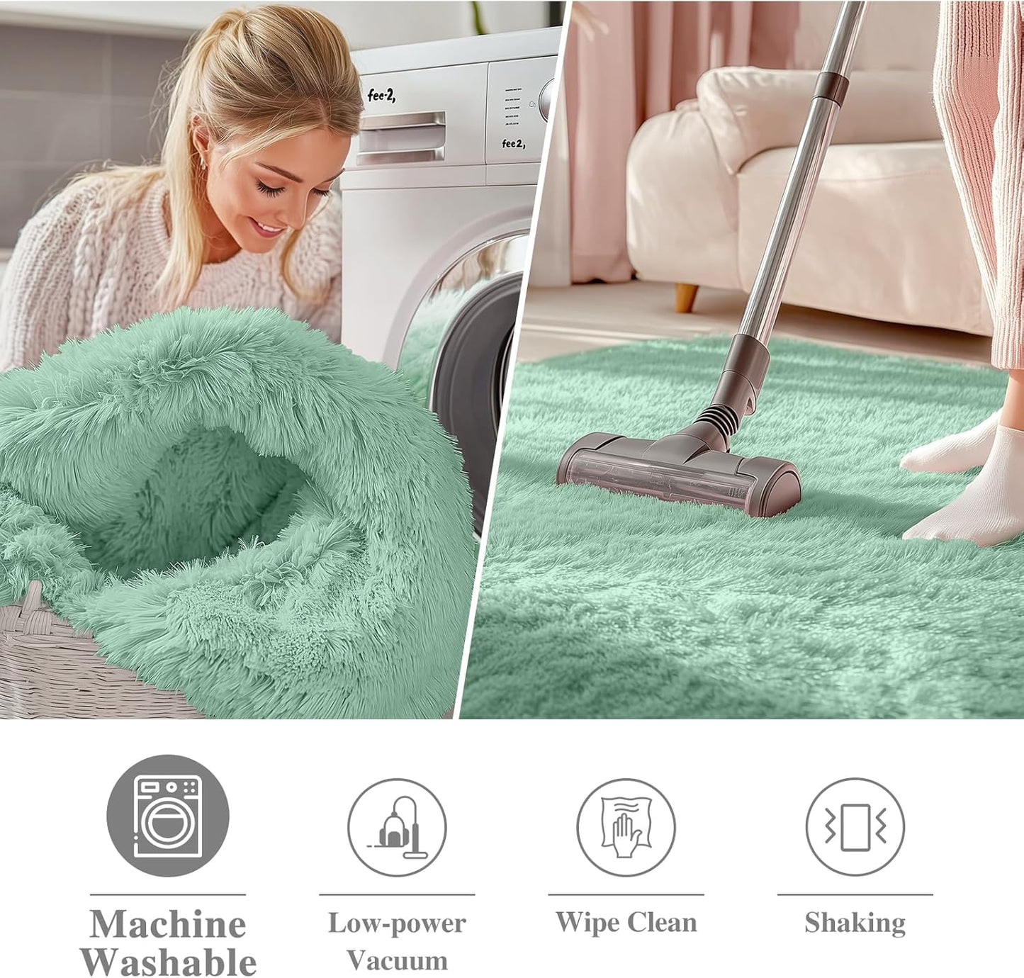 OLANLY Mint Green Round Rug - Soft, Fluffy Shaggy Carpet | 2 ft Machine Washable Area Rug for Bedroom & Nursery Decor