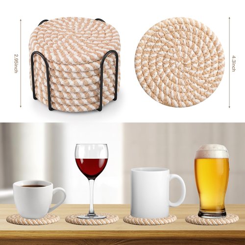 Cotton Woven Coasters with Holder - Absorbent Coasters Set of 8 for Table Protection, Home Decor, Glasses, Cups, Bar, Housewarming Gift