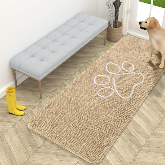 OLANLY Dog Door Mat - Absorbent Non-Slip Mud Mat for Muddy Paws | 59x24 Paw Print Design, Quick Dry Beige
