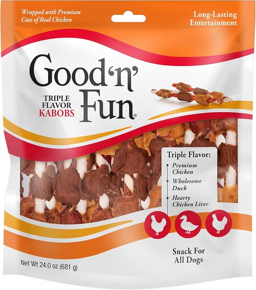 Good ‘n’ Fun Triple Flavor Kabobs - Long-Lasting Dog Chews with Beef Hide, Chicken & Pork | 24 Ounces