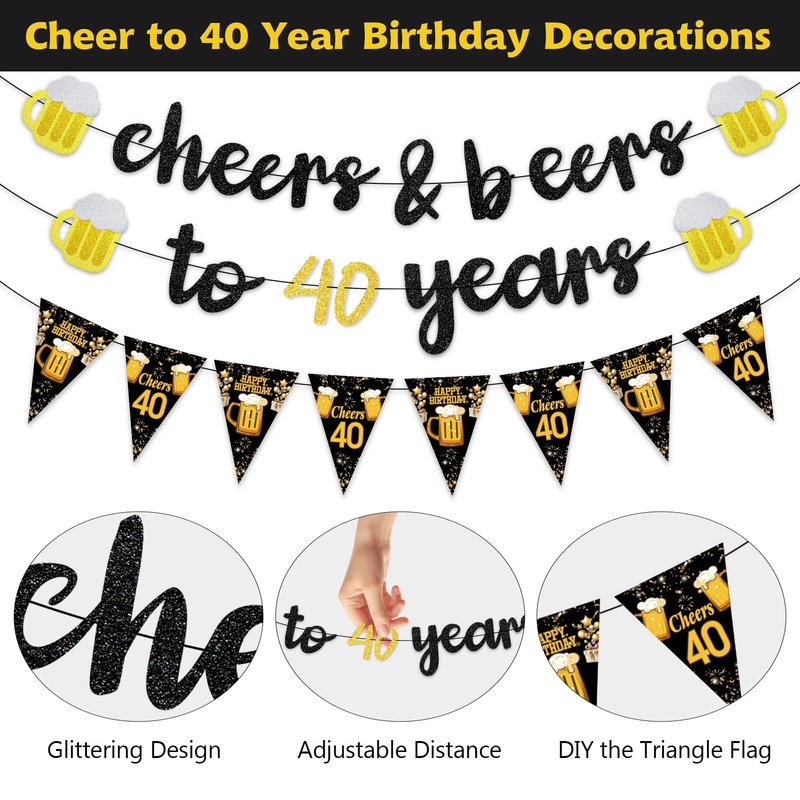 Black Gold 40th Birthday Decorations for Him Men, Glitter Pre-Strung Cheers to 40 Years Banner Hello 40 Hanging Swirls Paper Triangle Flag Banner Decorations Bday Party Supplies Kit