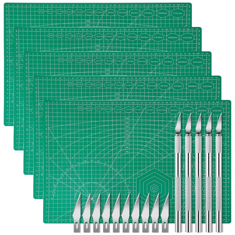 5 Pack Self Healing Cutting Mats and Exacto Knife Set, Sewing Mats with Precision Cutters and Extra 50Pcs SK5 Steel Blade 12" x 18" Work Mat for Crafts, Scrapbooking and Quilting