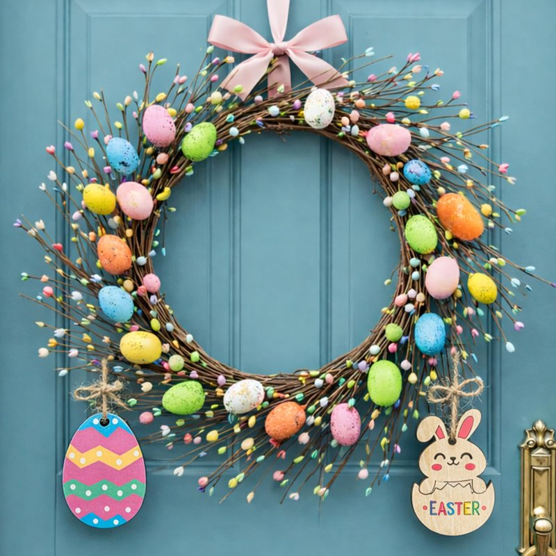 KENJOVIVO Artificial Easter Spray Vine with Pastel Easter Eggs and Berries, Wooden Eggs, Wood Rabbit & Happy Easter Ribbon, Easter Egg Twig Branches for Spring Floral Stems Home Decoration