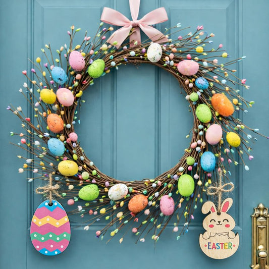 KENJOVIVO Artificial Easter Spray Vine with Pastel Easter Eggs and Berries, Wooden Eggs, Wood Rabbit & Happy Easter Ribbon, Easter Egg Twig Branches for Spring Floral Stems Home Decoration