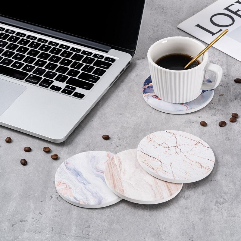 Hoewina 6Pcs Drink Coasters with Holder, Natural Style Ceramic Drink Coaster, Absorbent Coasters Set Suitable for Kinds of Cups, Modern Style Coasters for Coffee Table, 4 Inches（Style 5）