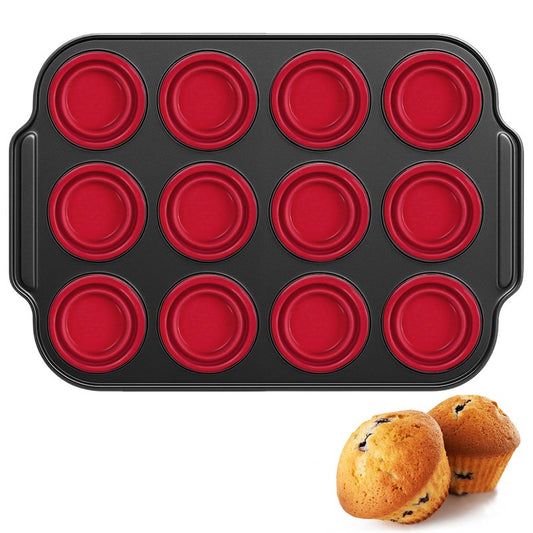 KH866 Silicone Muffin Pan with Metal Frame Nonstick 12 Cup Regular Size Cupcake Tin Bakeware Easy to Pop Egg Bite Molds Oven and Dishwasher Safe Pan Maker Tins Red Cups Non Toxic Baking Cup