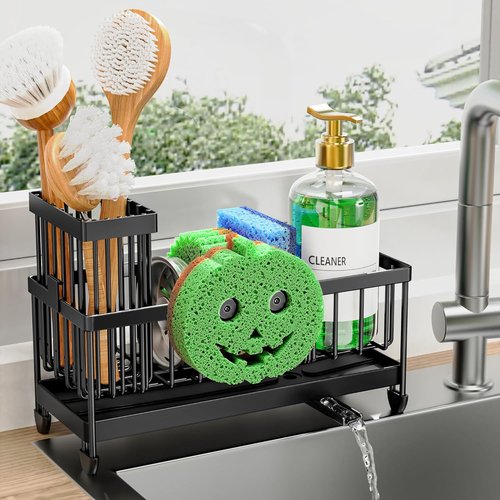 Cisily Kitchen Sink Caddy Organizer - Rustproof 304 Stainless Steel with High Brush Holder | Black Smiley Face, 9.25”