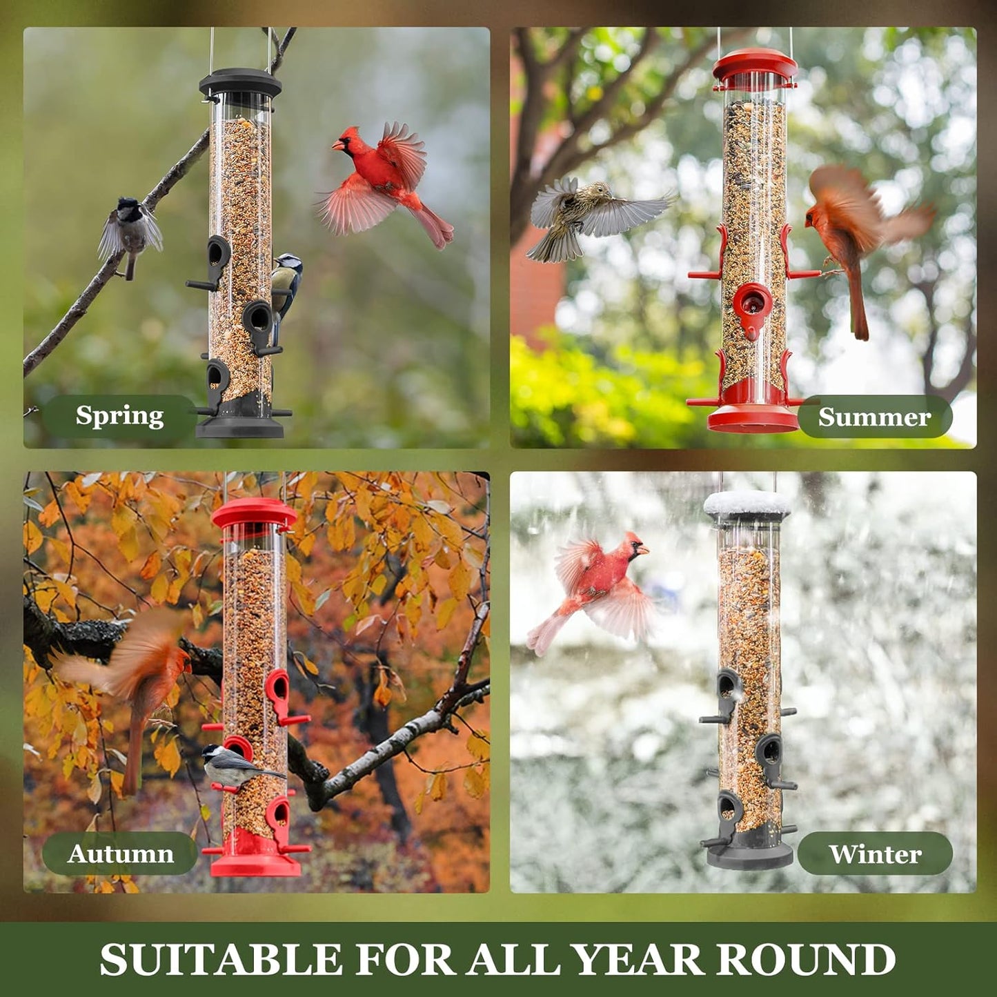 Kingsyard Tube Feeders - 2 Pack with 6 Feeding Ports | Premium Weatherproof Hard Plastic & Steel Hanger for Wild Birds (Black)