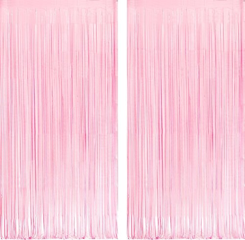 GREATRIL Pastel Pink Party Backdrop - Baby Pink Foil Fringe Streamers for Celebrations | 3.2ft X 8.2ft - 2 Packs