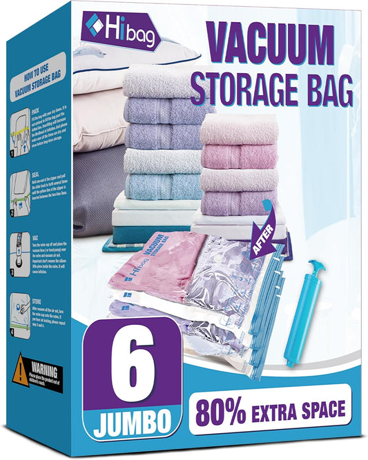 Skiennix Vacuum Storage Bags - 6 Jumbo Space Saver Vacuum Seal Bags for Clothes & Bedding